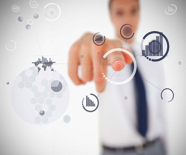 Man selecting button from holographic digital screen